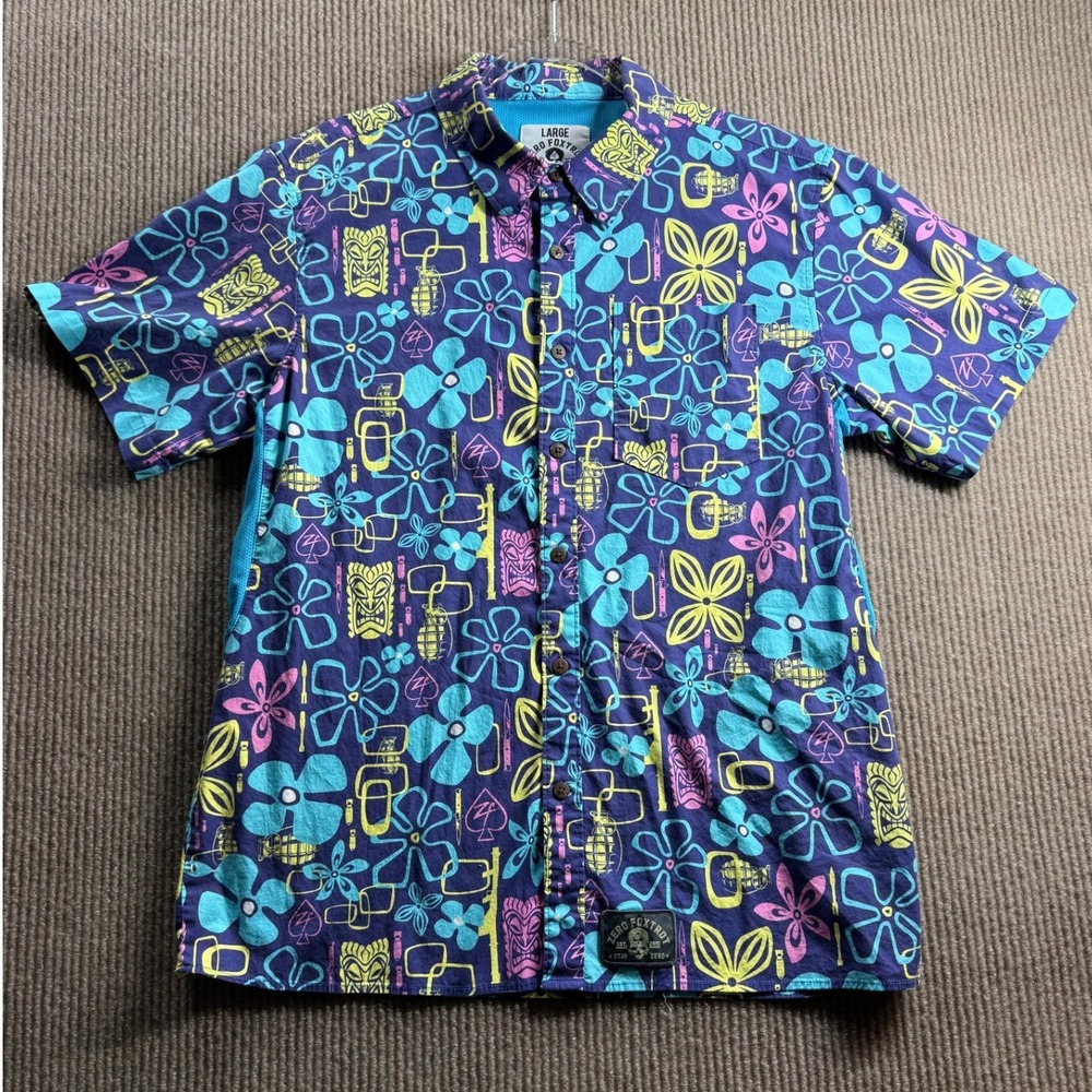 Zero Foxtrot Men Large Multi Cotton Spandex Tiki Grenade Print Button Down Shirt